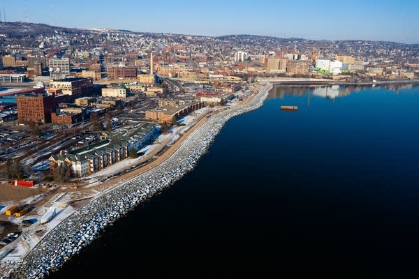 An aerial view of Duluth Lakewalk
